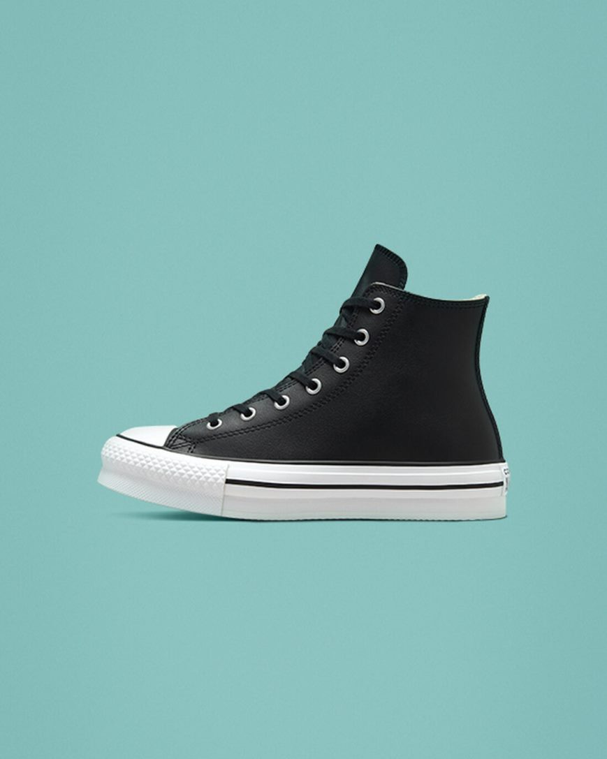 Dívčí Boty Na Platformy Converse Chuck Taylor All Star Lift Læder Vysoké Černé Béžový Bílé | CZ LHXZ25